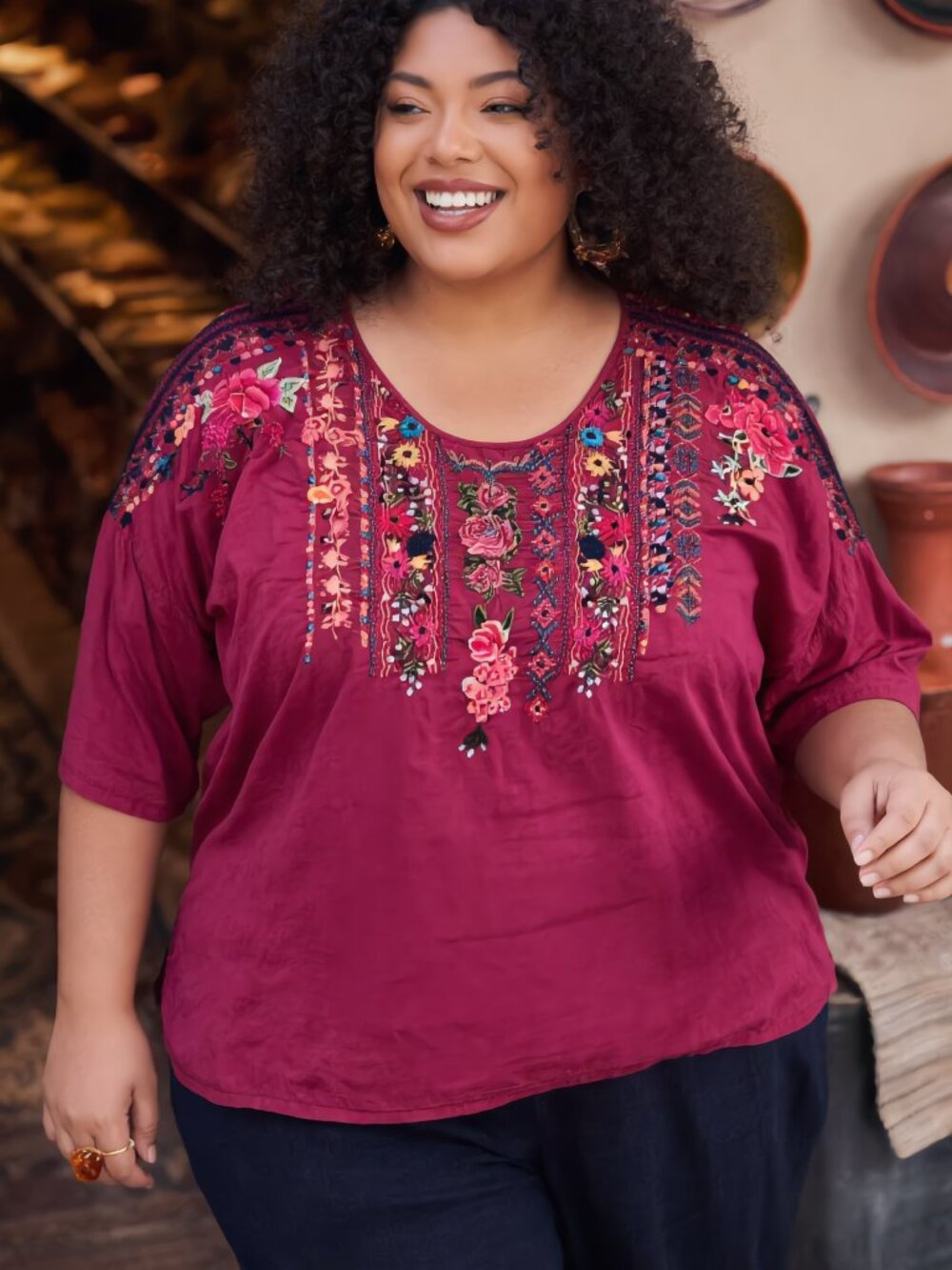 Johnny Was (US 1x) Magenta Embroidered Beaded Peasant Blouse Floral 100% Cotton